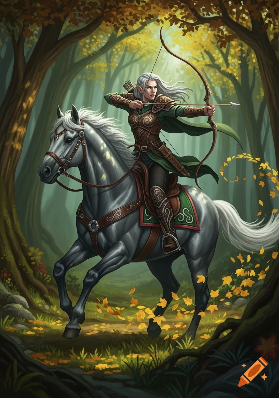 An elven ranger with long white hair rides a grey horse through an autumn forest, aiming a bow and arrow.