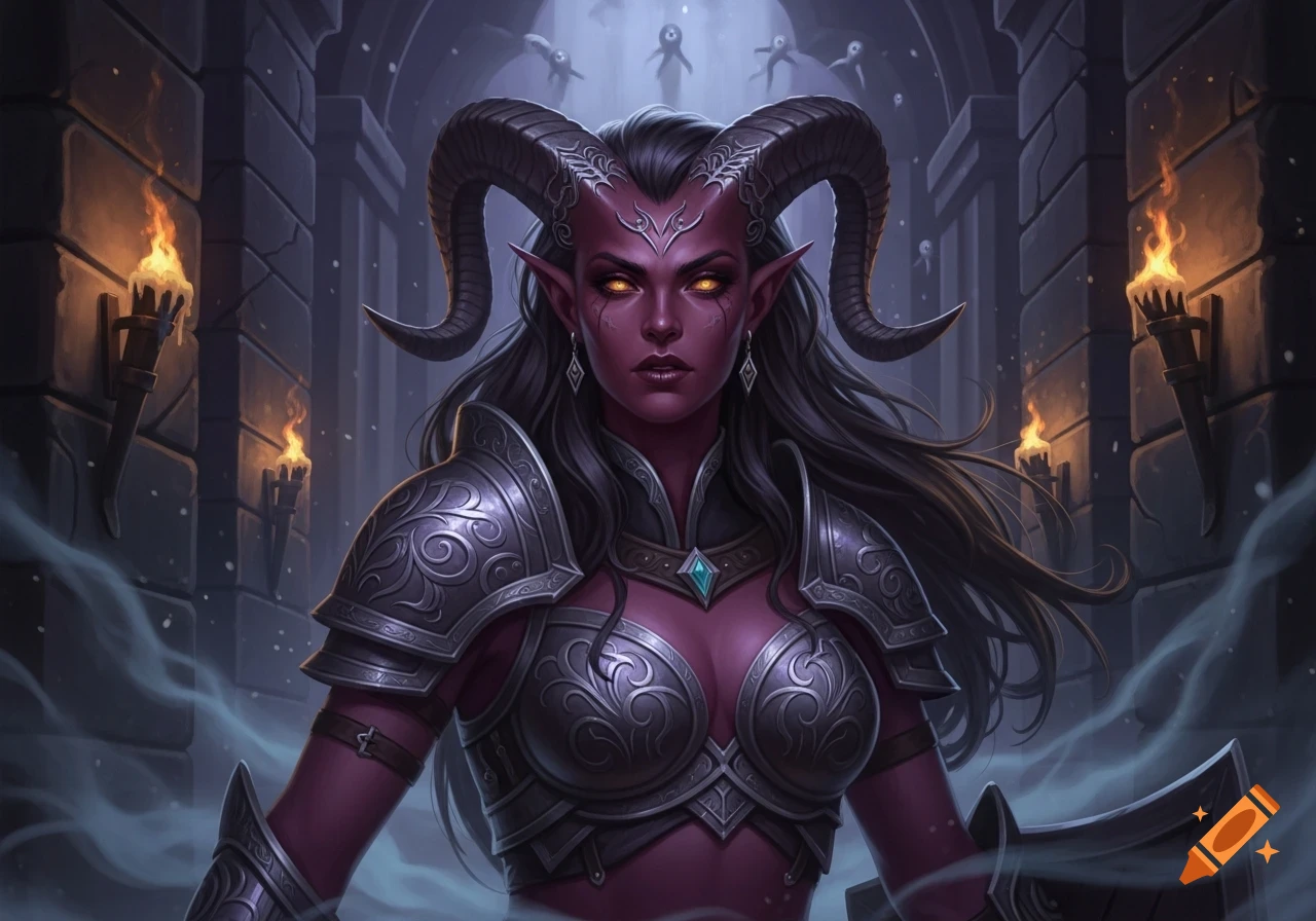 A fierce female tiefling with purple skin, horns, and glowing yellow eyes, wearing ornate silver armor in a dark, torch-lit dungeon.