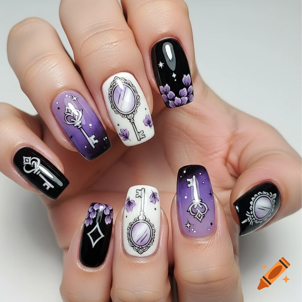 Close-up of a hand showcasing ornate nail art featuring keys, mirrors, purple ombre, and small flowers in black, white, and purple.