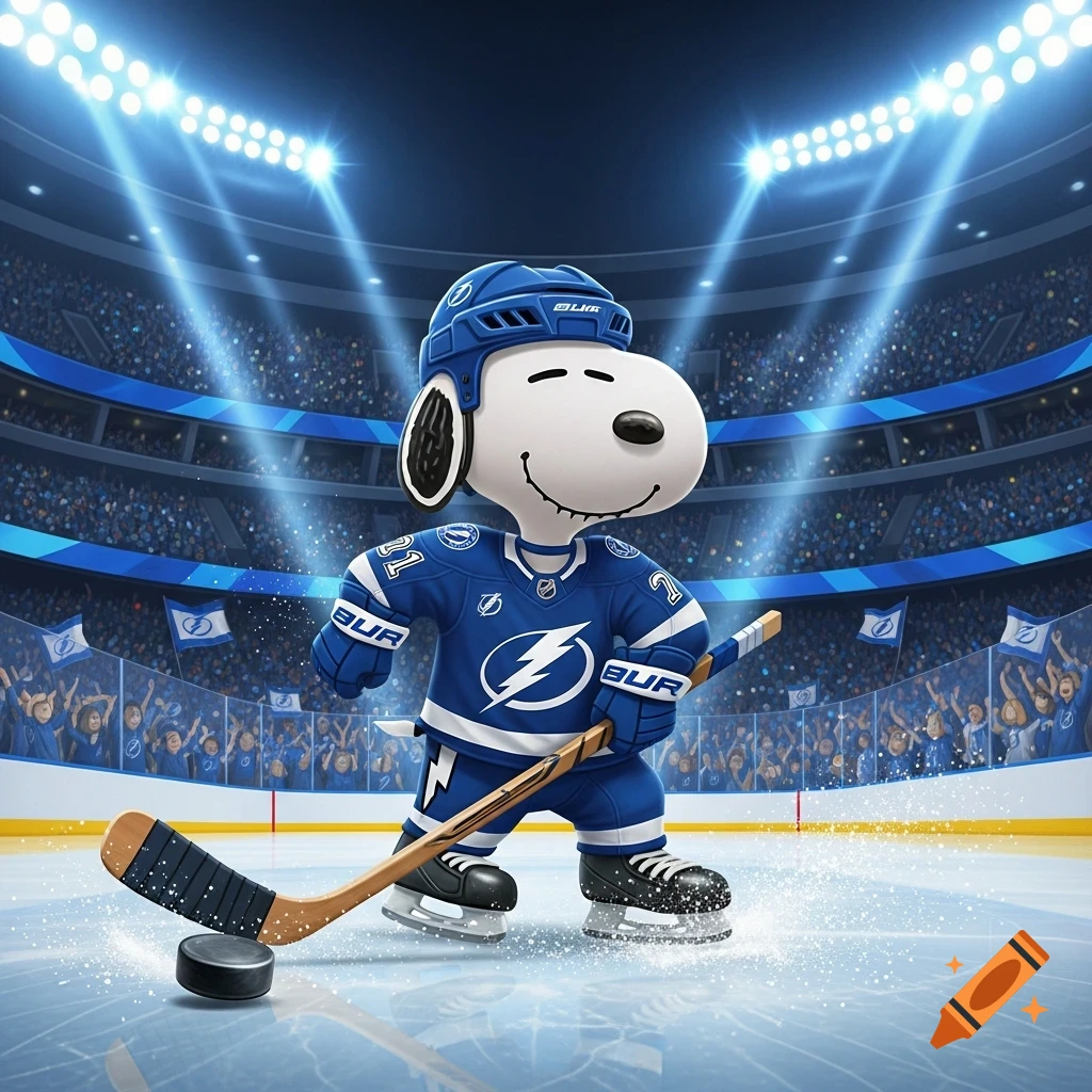 Snoopy, wearing a blue Tampa Bay Lightning hockey uniform and helmet, stands on an ice rink holding a hockey stick and puck, surrounded by a cheering crowd in a brightly lit arena.