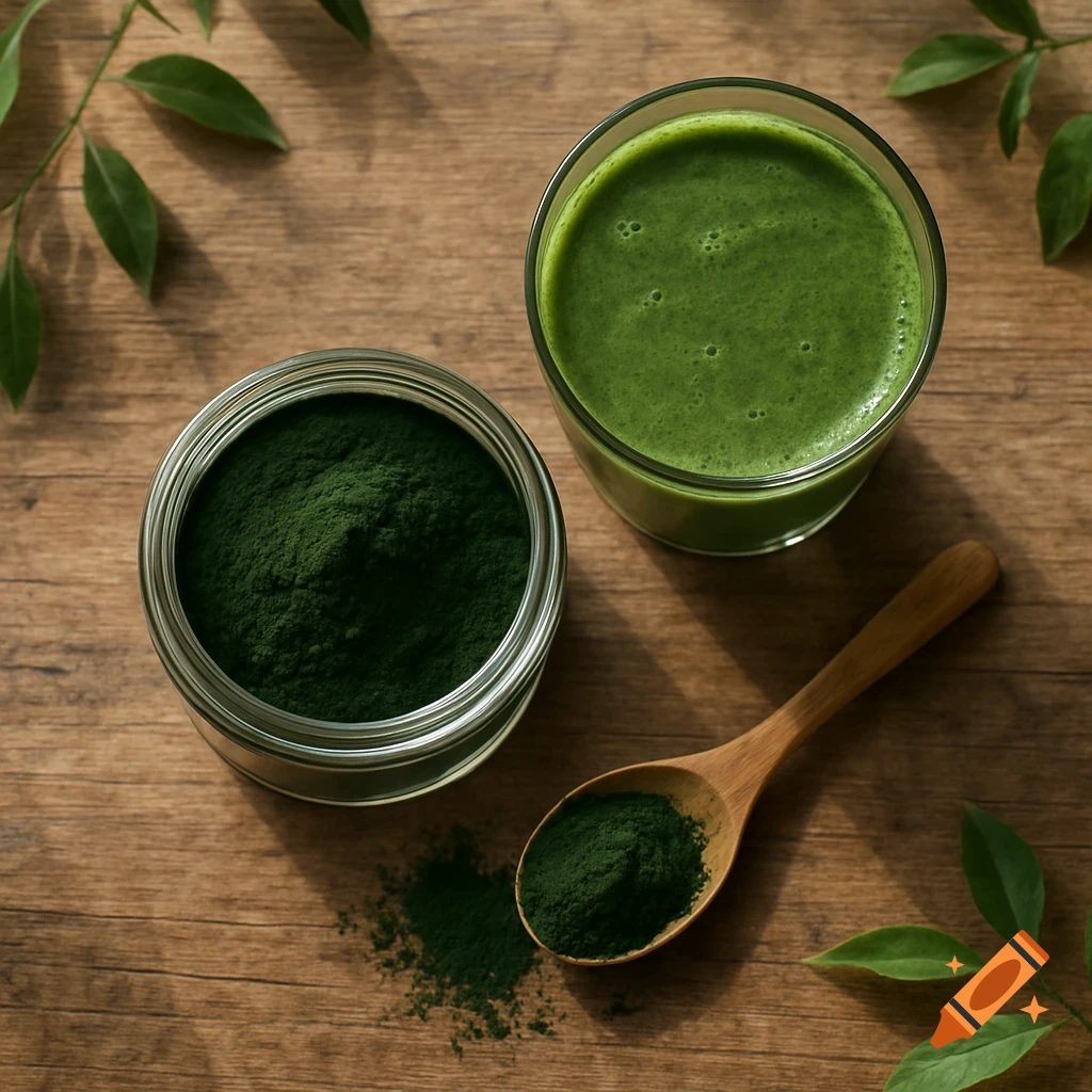 Top-down view of a jar of chlorella powder, a green smoothie in a glass, and a spoon on a wooden table with leaves.