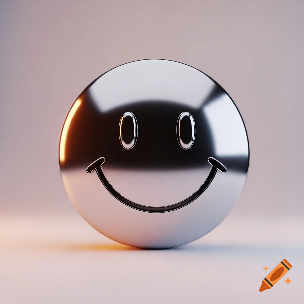 A shiny chrome metallic smiley face emoji with black eyes and a black smile, against a soft, blurred light background.