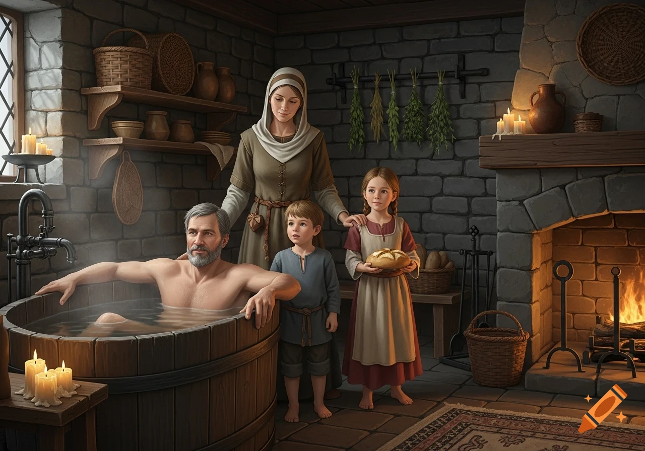 A medieval family in a rustic stone room; father bathes in a wooden tub while mother, son, and daughter holding bread stand nearby.