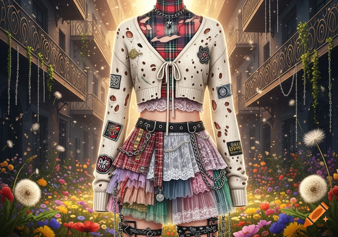A vibrant maximalist fairy grunge outfit with a distressed ivory cardigan, plaid top, tiered skirt, and layered chains, set in a magical floral garden.