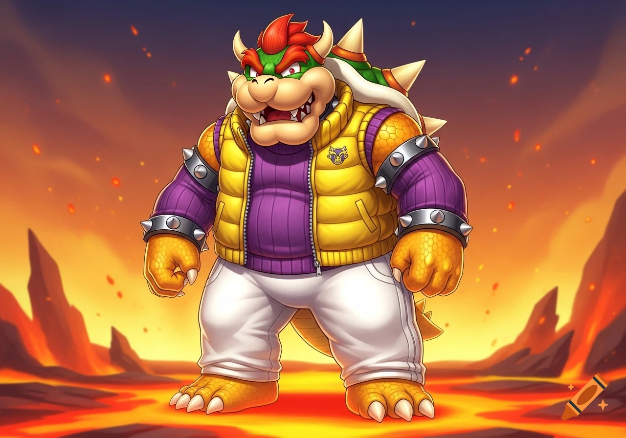 Stylized illustration of Bowser wearing a yellow bodywarmer, purple jumper, and white trousers, standing on a lava landscape.