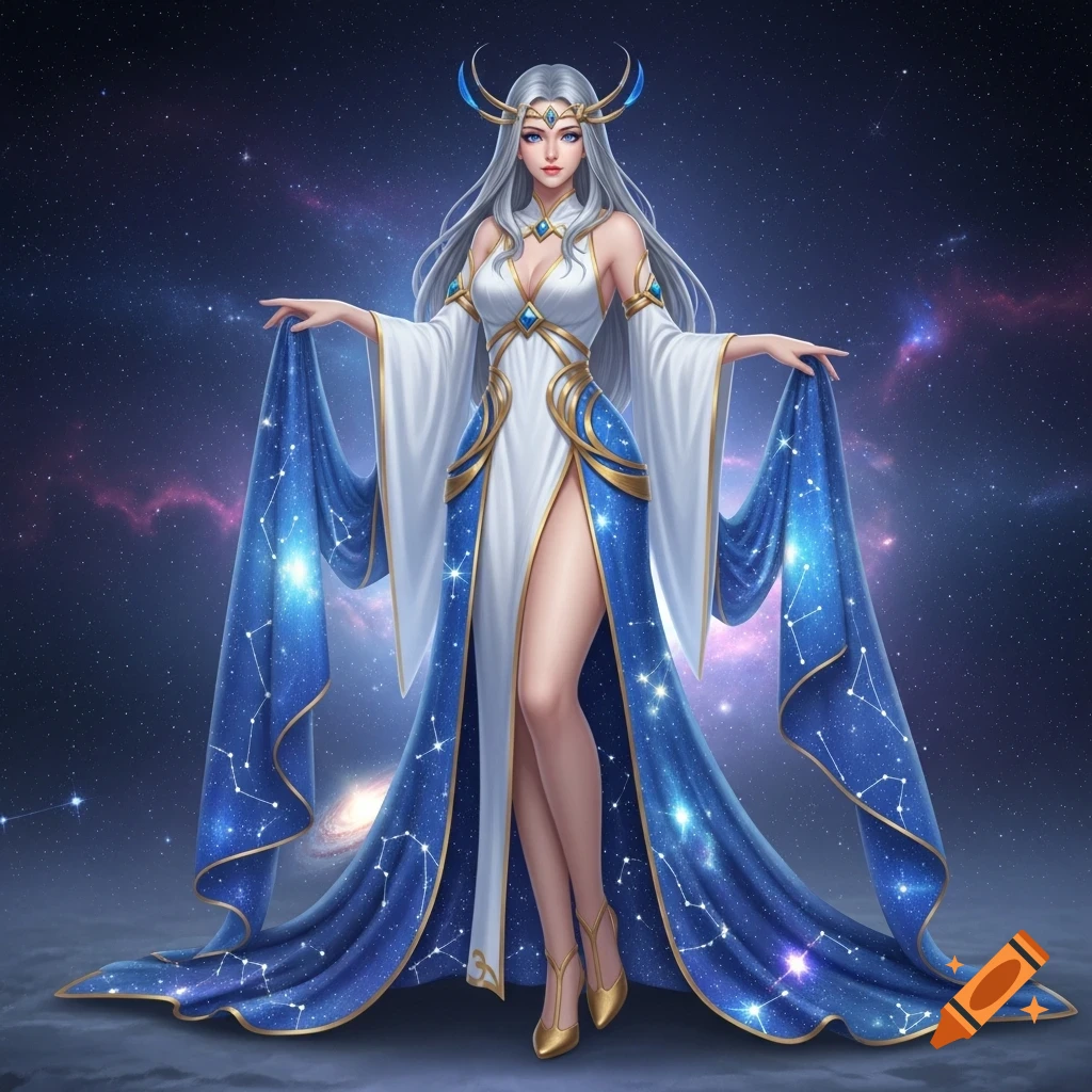 A goddess with long silver hair, wearing a white and blue dress adorned with constellations, standing in a starry cosmos.