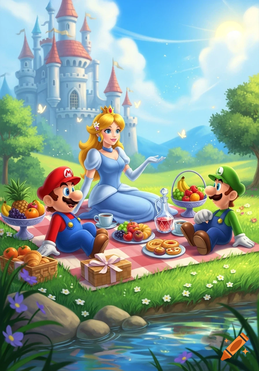 Mario, Luigi, and Princess Peach have a picnic on a red checkered blanket in a sunny field with a castle.