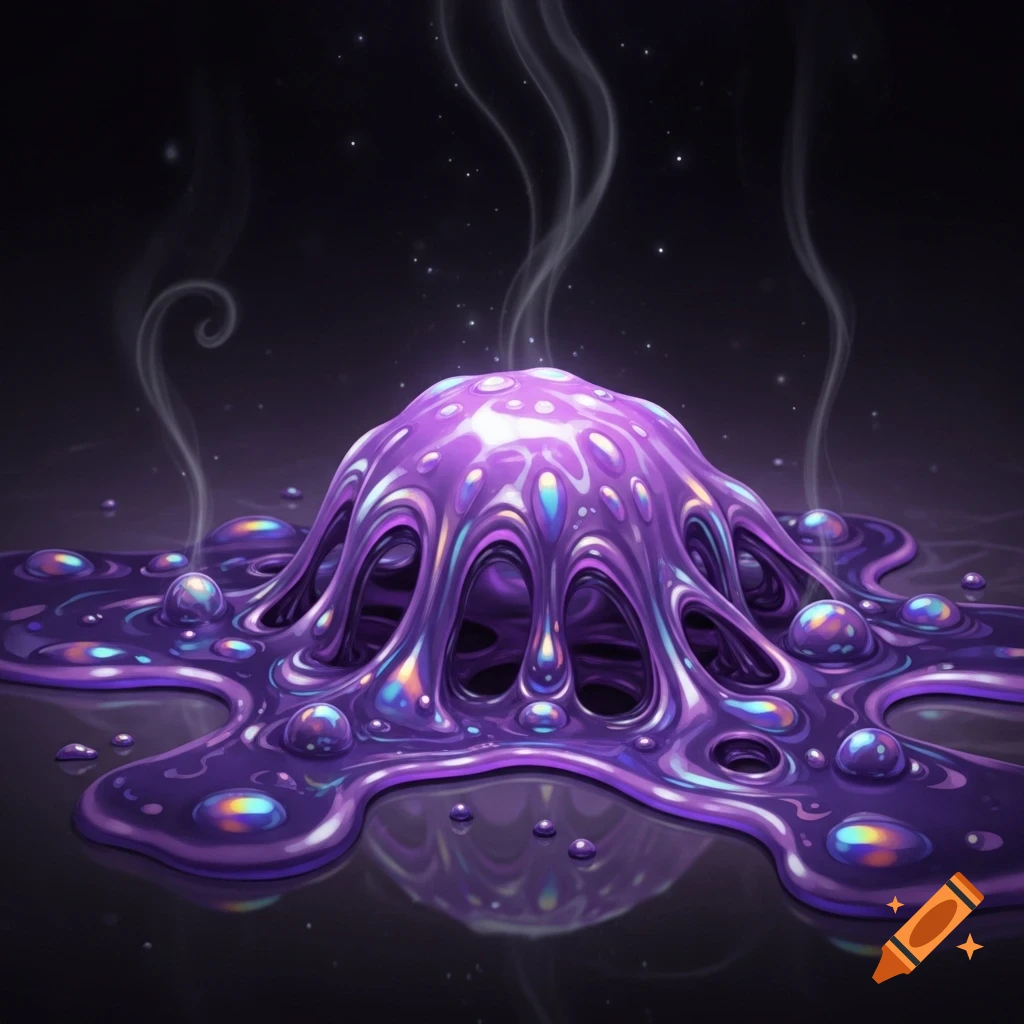 Vibrant purple iridescent goop oozes and bubbles on a dark surface, with smoky wisps rising, in a detailed style.