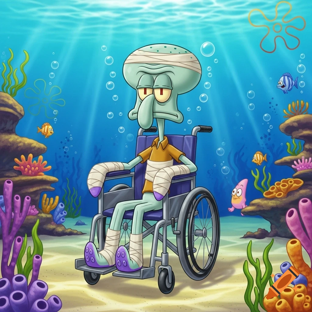 Squidward in a wheelchair with bandages in an underwater Spongebob scene.