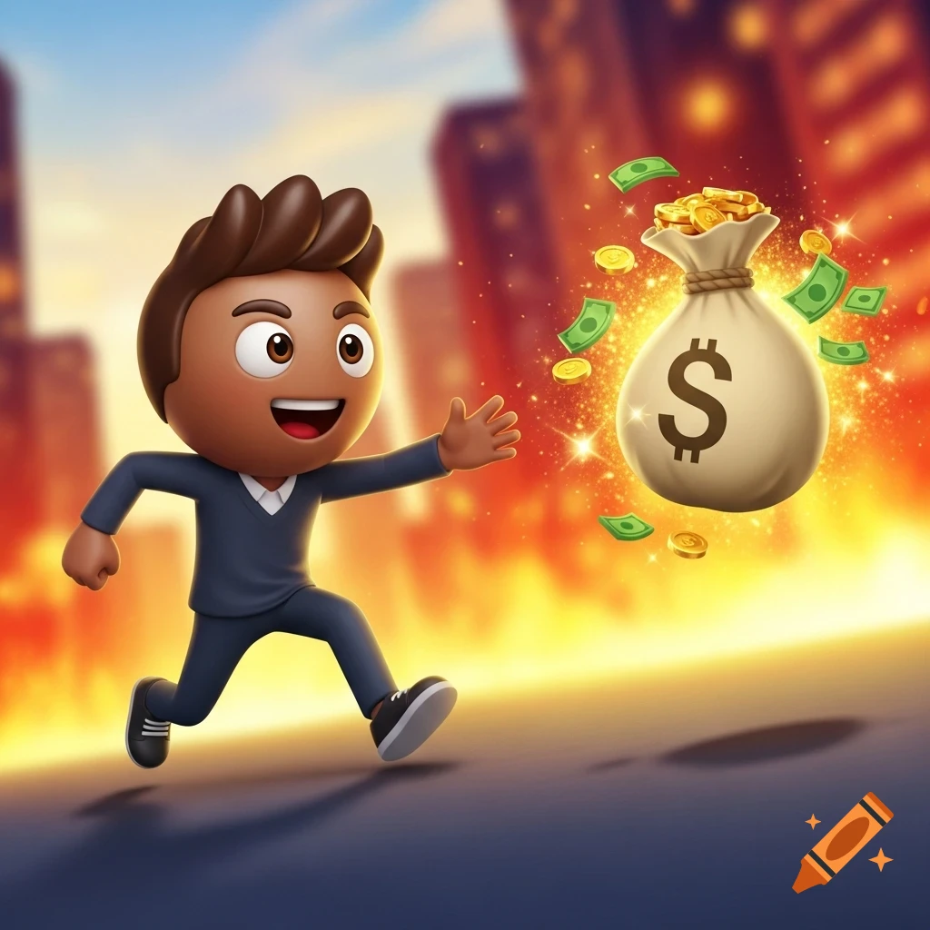 A brown-skinned 3D cartoon emoji character runs and reaches for a glowing money bag filled with cash and coins, against a city sunset.