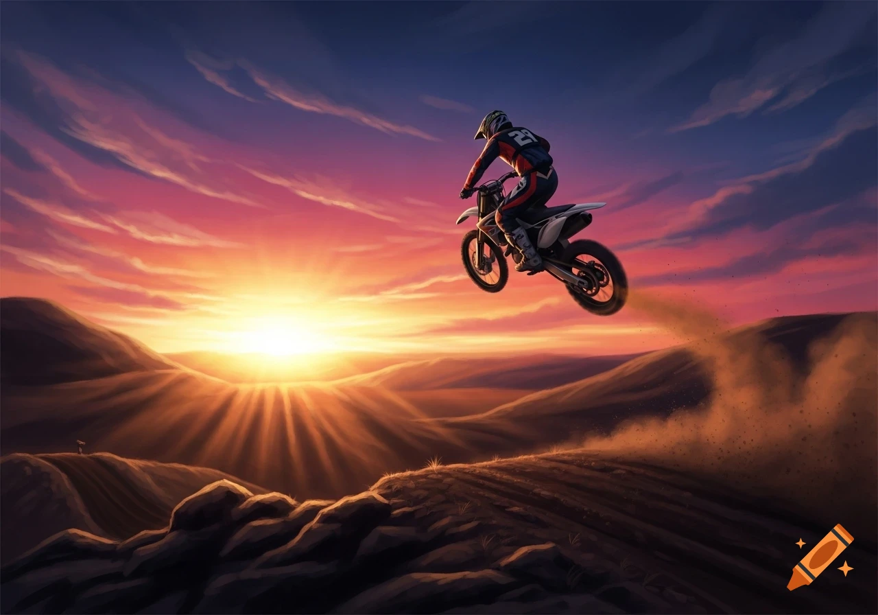 A motocross rider on a dirt bike leaps over a dusty hill at sunset, with a vibrant orange and purple sky over rolling hills.