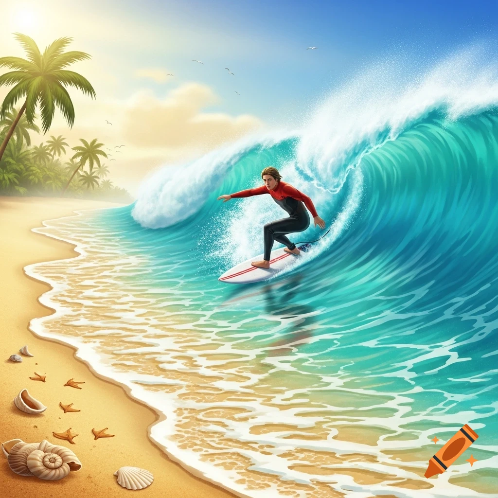 A person in a wetsuit surfing a large turquoise wave on a sunny tropical beach with palm trees and seashells.