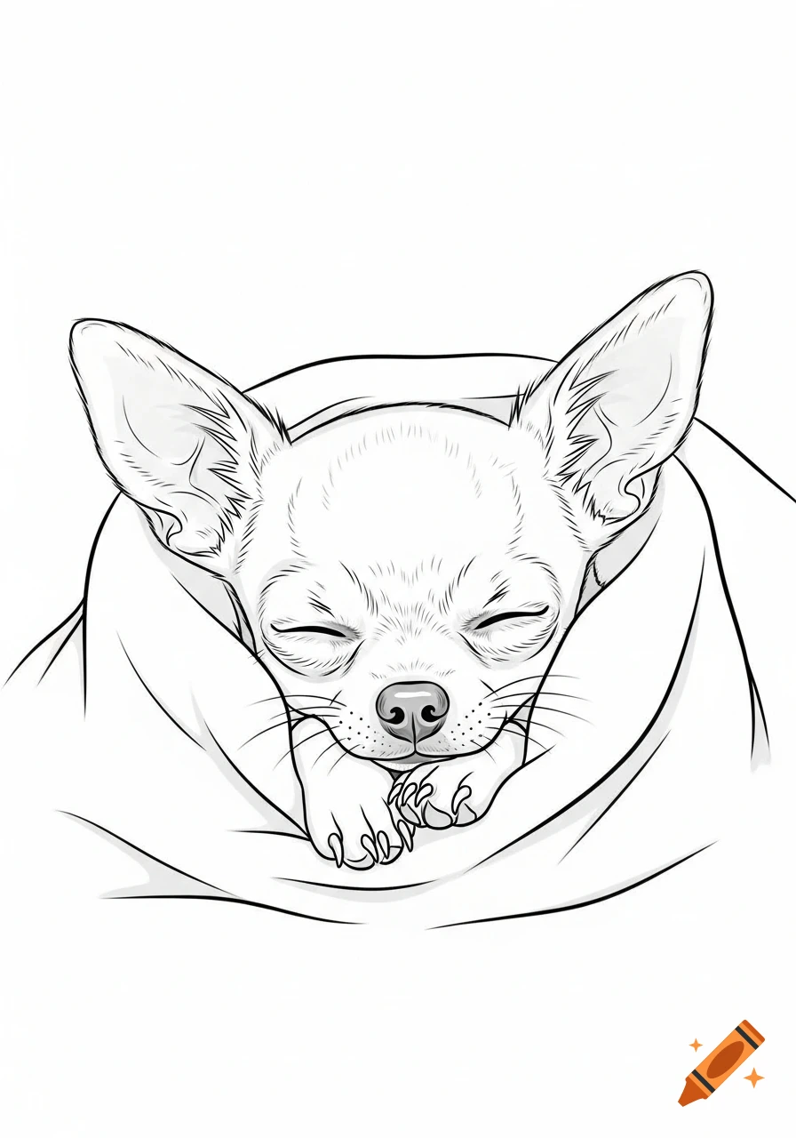 A line drawing of a sleepy chihuahua curled up in a blanket, eyes closed.