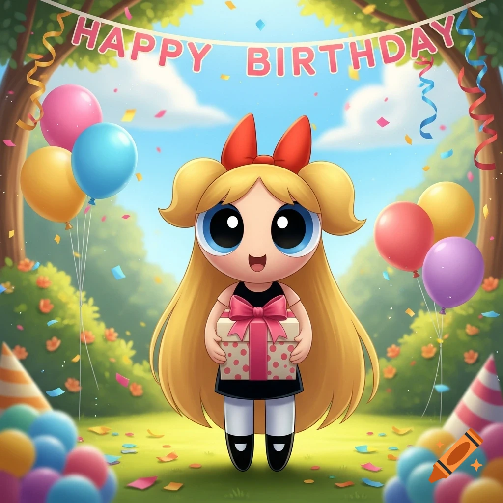 Cartoon Powerpuff Girl Bubbles with blonde hair, holding a gift in a park with balloons, confetti, and a "Happy Birthday" banner.