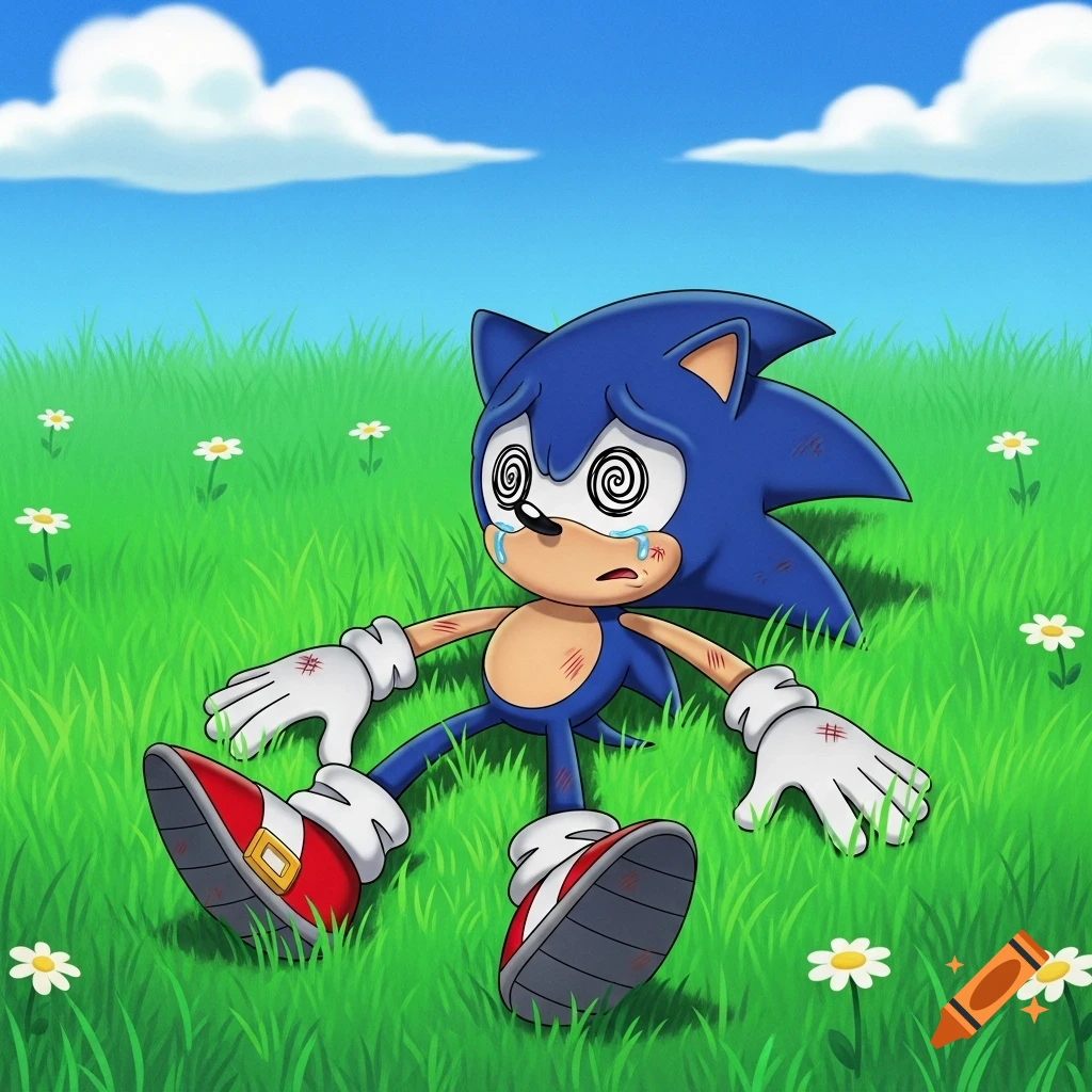 Cartoon Sonic the Hedgehog lies injured and knocked out in green grass with swirly eyes and tears, under a blue sky.