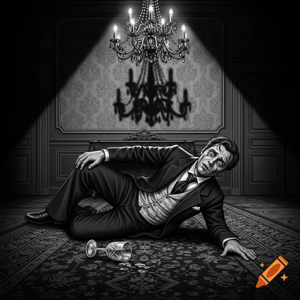 Black and white illustration of a distressed man in a suit lying on a patterned rug in an ornate room, a spilled glass beside him.