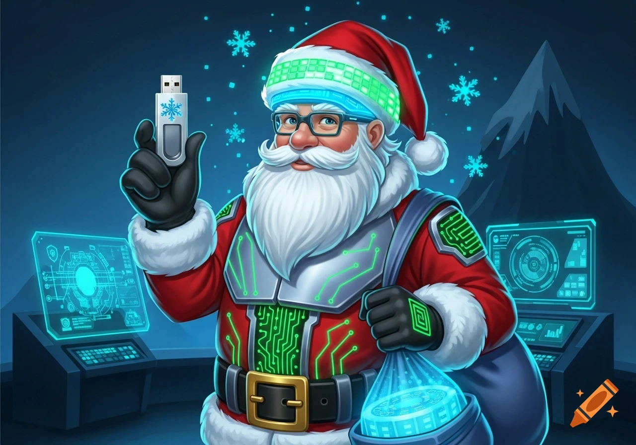 Cyber-themed Santa Claus in a cartoon style, wearing a tech suit and visor, holding a snowflake USB drive and a bag with a data chip.