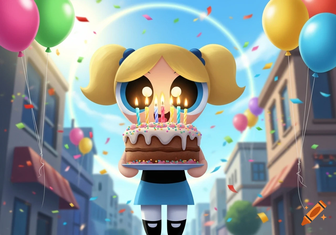 Cartoon character Bubbles from Powerpuff Girls holds a birthday cake with lit candles, surrounded by balloons and confetti in a bright city street.