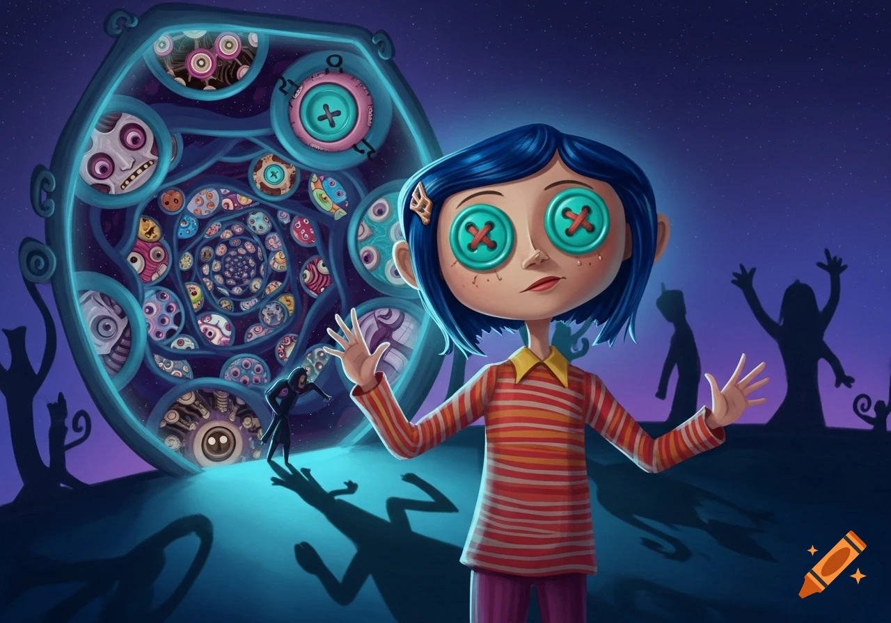 Coraline, with teal button eyes, stands before a glowing, swirling portal filled with other button-eyed faces and eyes, in a stylized illustration.