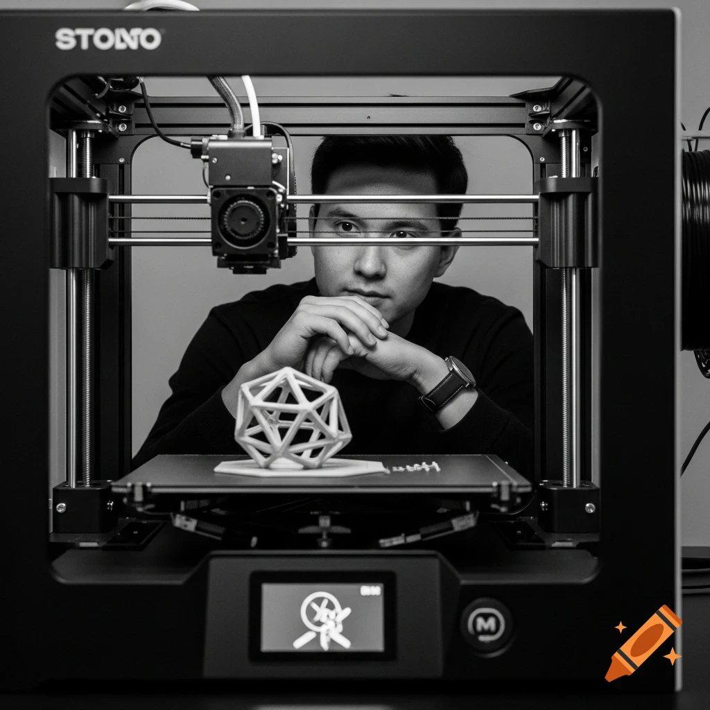 A black and white photorealistic image of a man watching a 3D printer as it prints a geometric object.