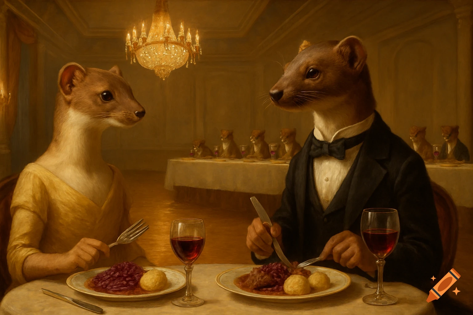 Two anthropomorphic weasels in formal attire dine at a table with wine in a grand hall, with other weasels in the background. Painterly style.