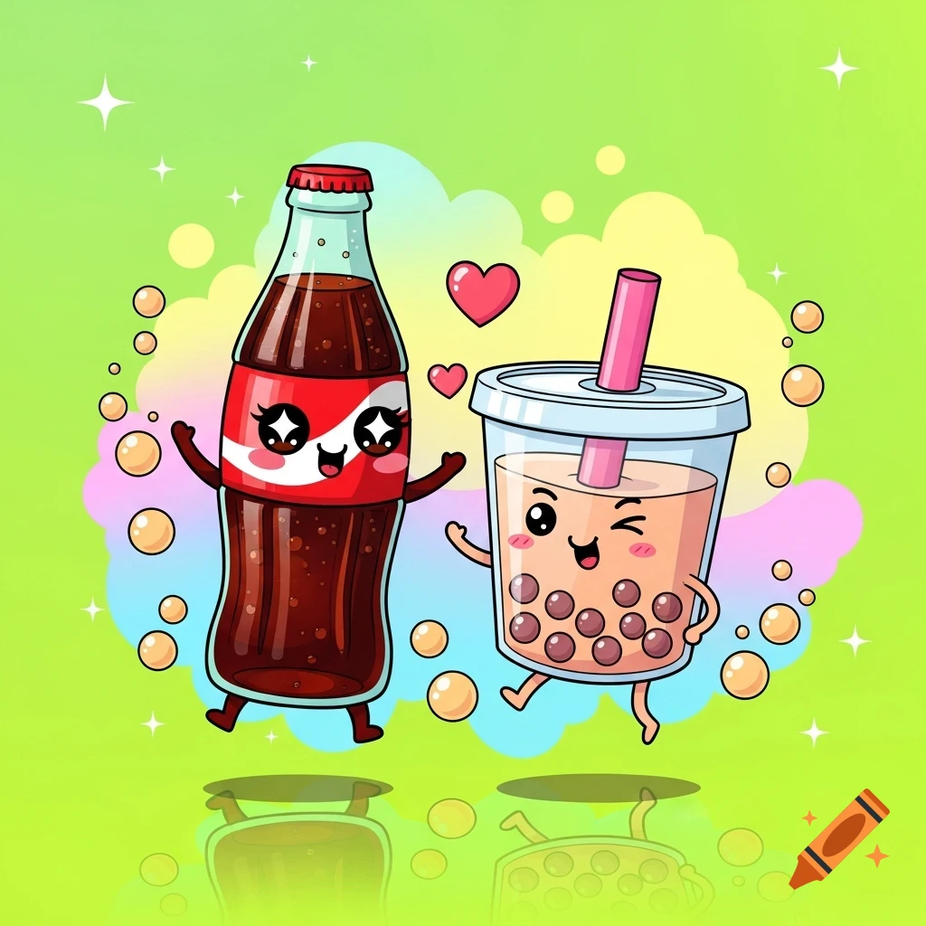 A kawaii cartoon cola bottle and boba tea with faces and tiny arms embrace on a vibrant green background with hearts.
