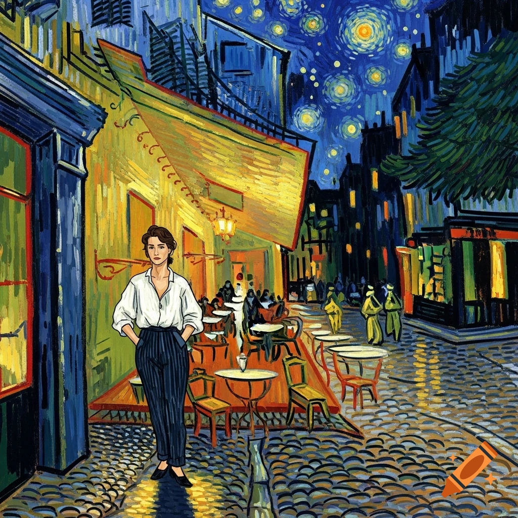 A woman stands on a cobblestone street in front of a cafe with a yellow awning, depicted in a Van Gogh style painting. The night sky is filled with swirling stars.