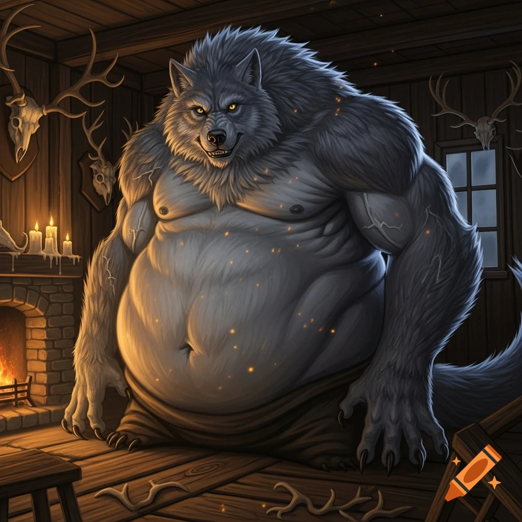 A massive, extremely obese grey werewolf with glowing yellow eyes stands inside a dimly lit wooden cabin with a fireplace and animal skulls.