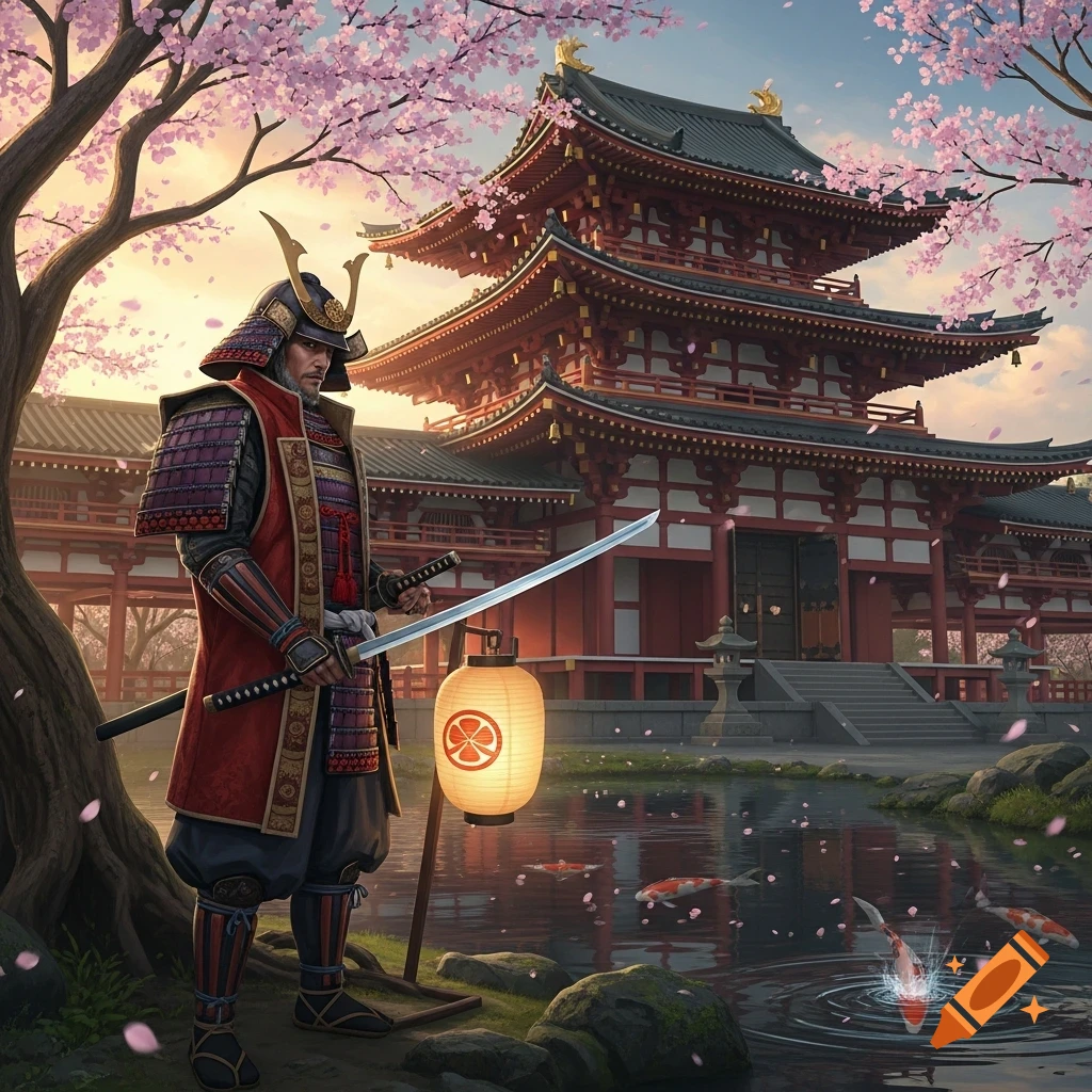 A samurai with a katana stands beside a koi pond and a traditional Japanese temple, under pink cherry blossoms, artistic style.