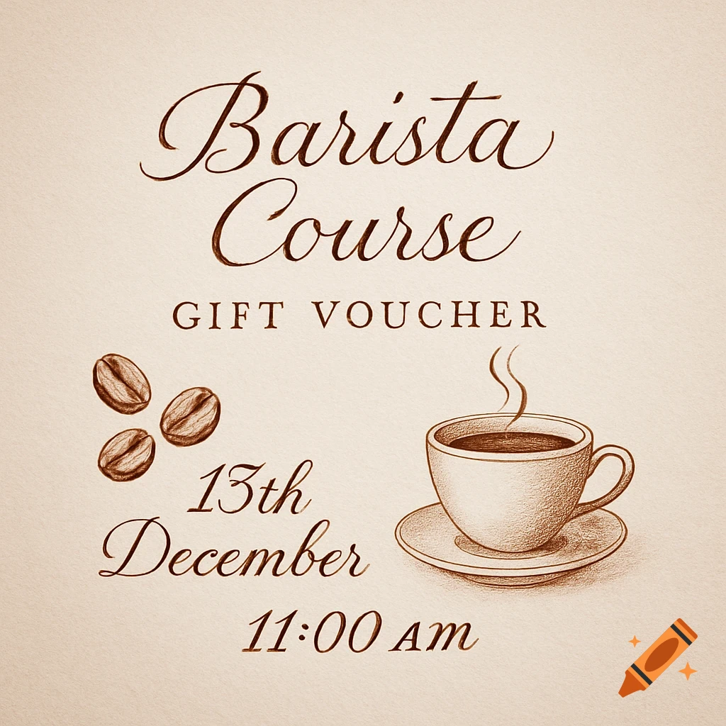 A sketch-style gift voucher for a Barista Course, featuring three coffee beans and a steaming cup of coffee. The voucher also states "13th December 11:00 am".