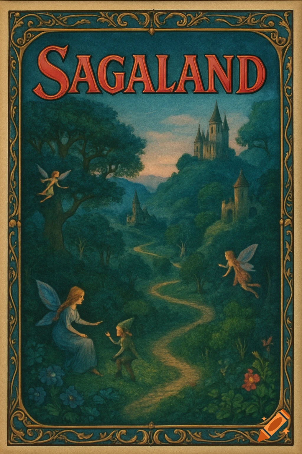 A fantasy illustration featuring the word "SAGALAND" atop a lush, magical landscape with castles, a winding path, and flying fairies, in the style of an old book cover.