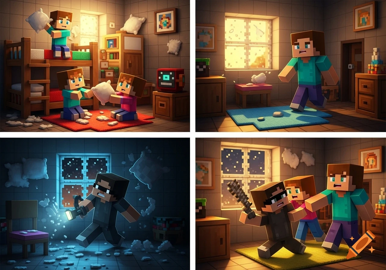 Four-panel Minecraft comic: kids have a pillow fight, father scolds them, an intruder breaks in, and they catch him.
