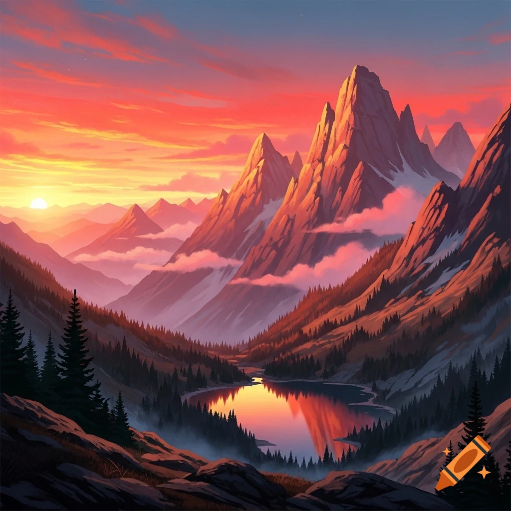 Vibrant red and orange sunset over majestic mountains, reflected in a ...