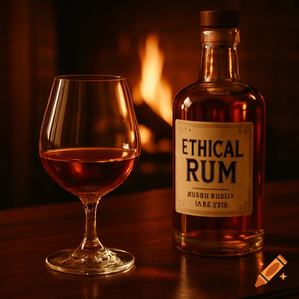 A stemmed glass with amber rum and a bottle labeled 'Ethical Rum' on a wooden table, illuminated by a warm fireplace.