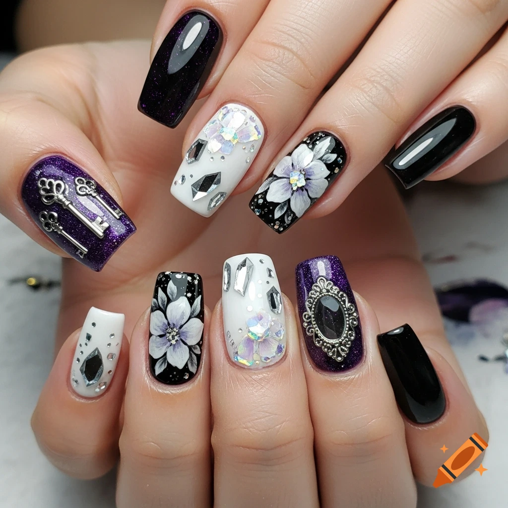 Close-up of a hand with elaborate nail art featuring black, purple glitter, and white polish, adorned with silver keys, rhinestones, flowers, and an oval mirror design.