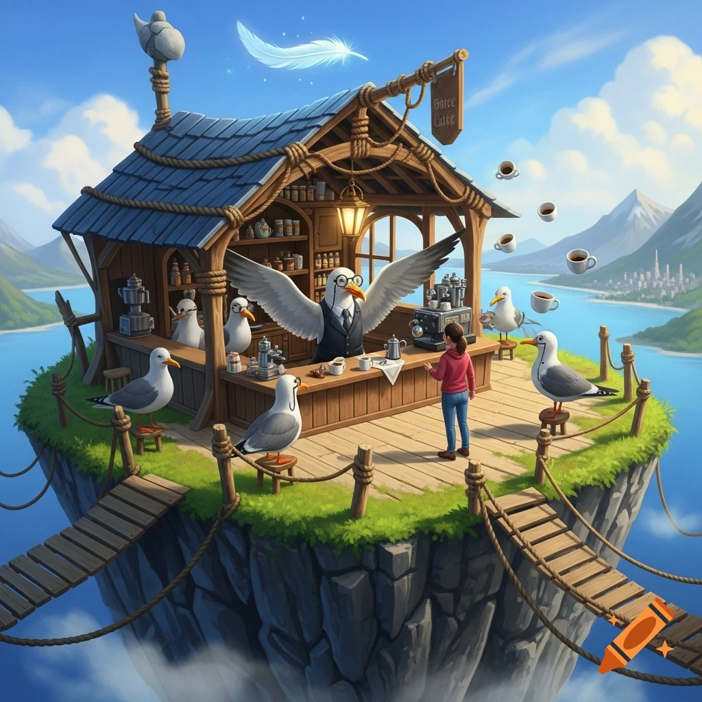 A vibrant, whimsical coffee shop on a tiny floating island. Anthropomorphic seagulls, one in a suit and glasses, serve a human. Floating espresso cups and a glowing feather are visible, with mountains and water in the background.