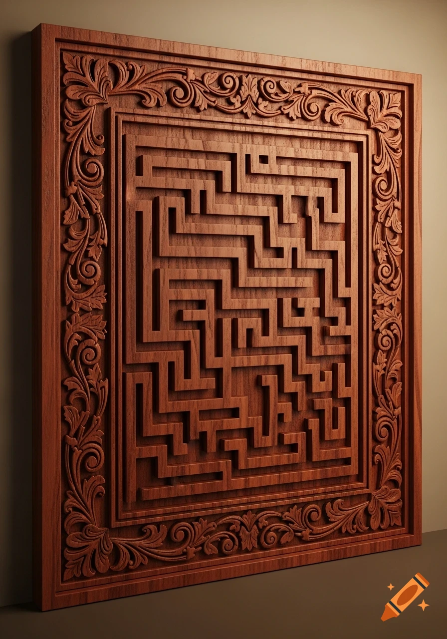 A detailed, photorealistic wooden panel with an intricate carved maze design framed by ornate floral patterns.