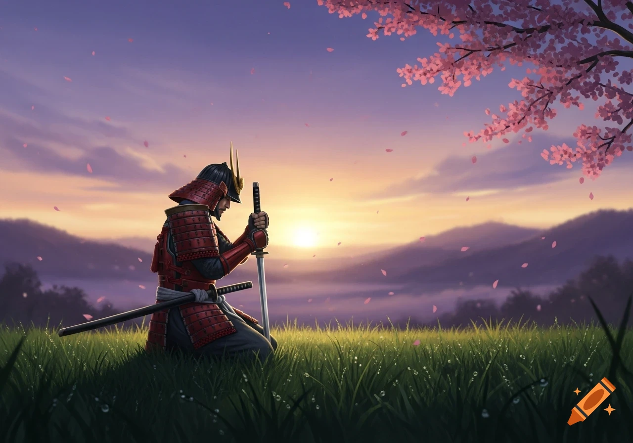 A samurai in red armor kneels in a grassy field holding a katana, silhouetted against a vibrant sunset with falling cherry blossoms.
