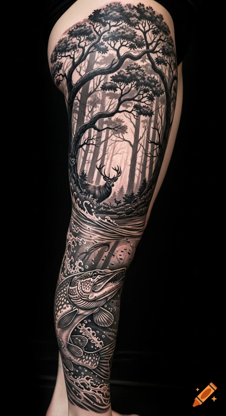 Detailed black and grey leg sleeve tattoo depicting a forest with a ...
