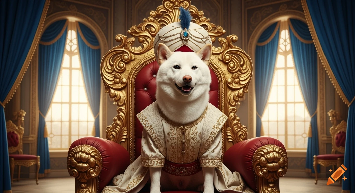 A white Shiba dog dressed as a sultan, wearing a turban and regal robe, sitting on an ornate red and gold throne in a grand room.
