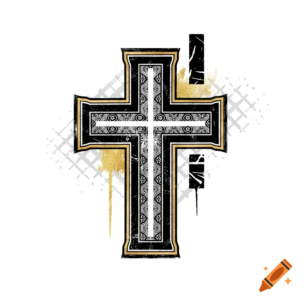 A stylized black, white, and gold cross design with distressed textures, sharp edges, and geometric patterns, in a streetwear graphic style.