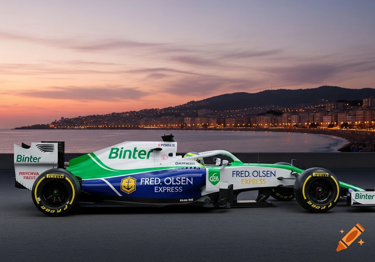 A white, green, and blue Formula 1 car with sponsor logos parked on pavement against a sunset coastal city background.