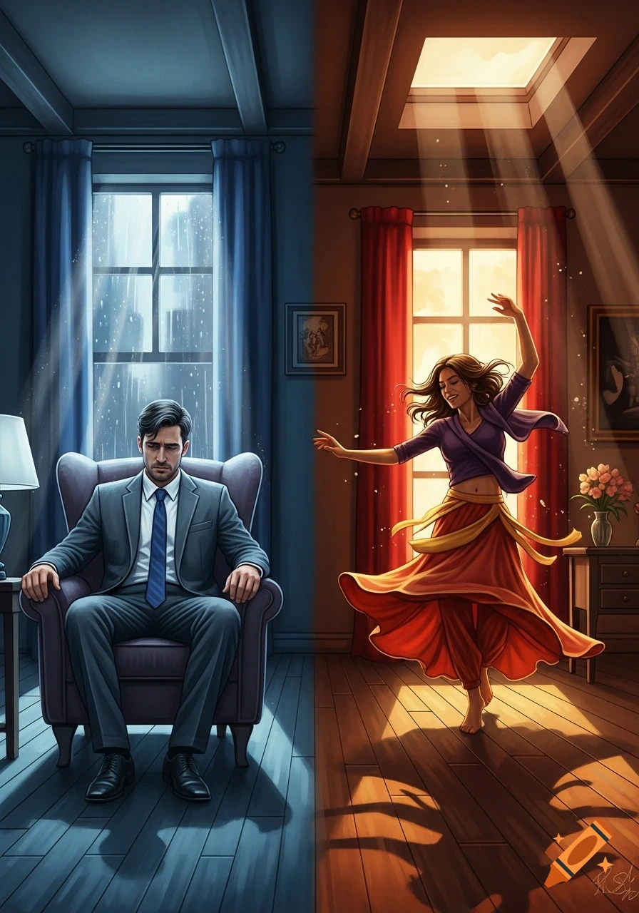 A split image shows a man in a suit looking sad in a dark, rainy room, contrasted with a joyful woman dancing in a sunlit room.