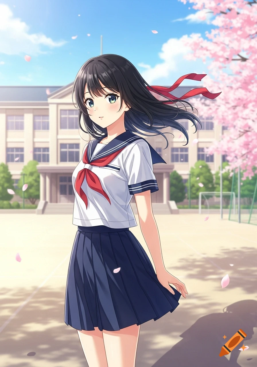 Anime schoolgirl with black hair and a red bow stands in front of a school under cherry blossoms on a sunny day.