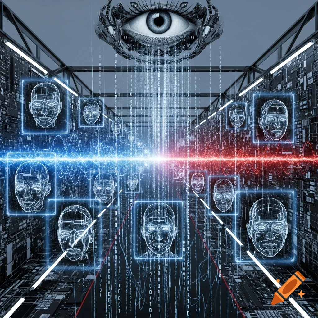 A futuristic image featuring a large mechanical eye above, overseeing a grid of glowing wireframe faces and binary code streams, intersected by red and blue energy waves.