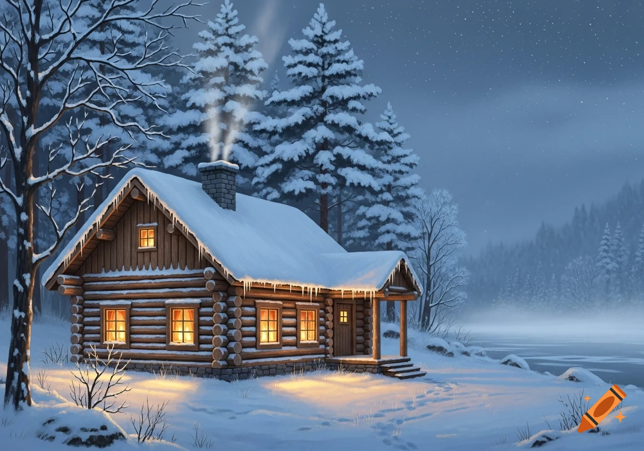 Cozy log cabin in a snowy winter landscape at night, with smoke from the chimney and warm window lights.