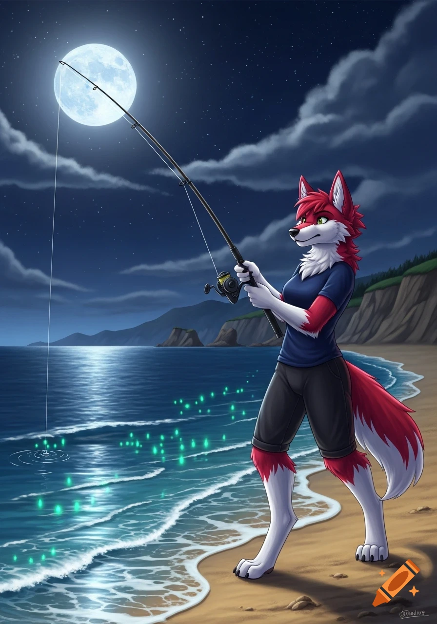 A red and white furry character fishes with a rod and reel on a sandy beach at night, under a large full moon, with glowing green lights in the ocean.