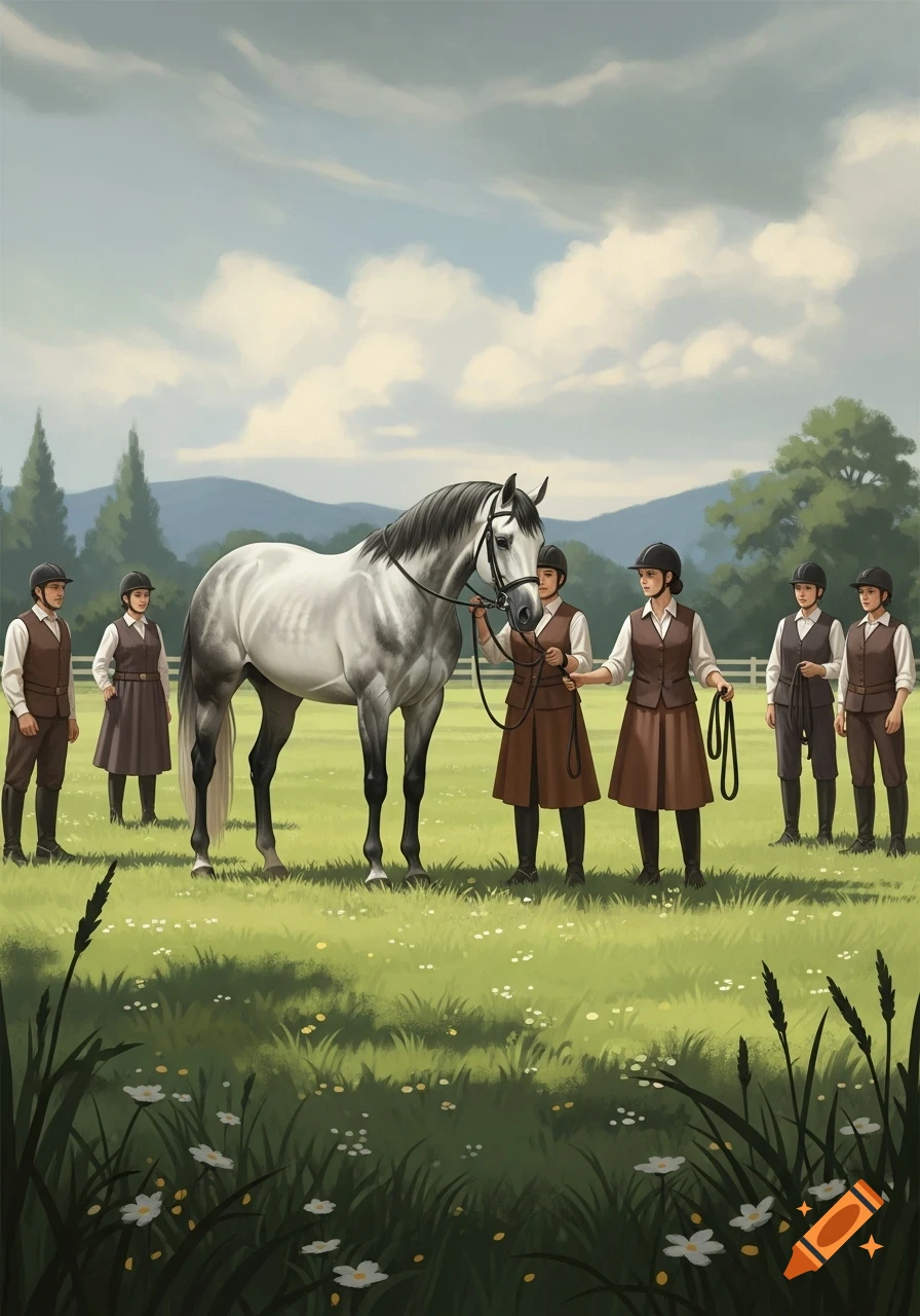 A group of equestrians with a gray horse in a green field, mountains in the background, painted style.