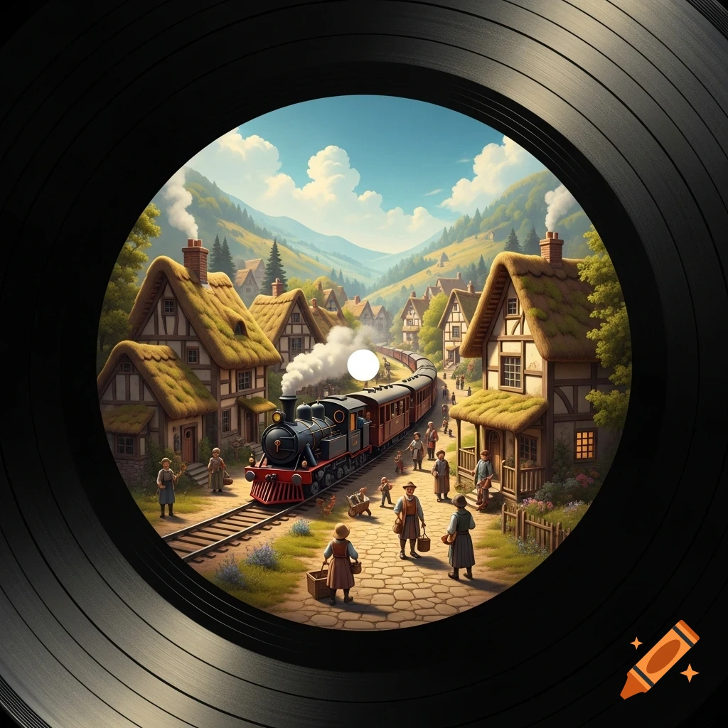 Stylized illustration of a charming village with a steam train on tracks, set within the central label of a vinyl record under a blue sky.