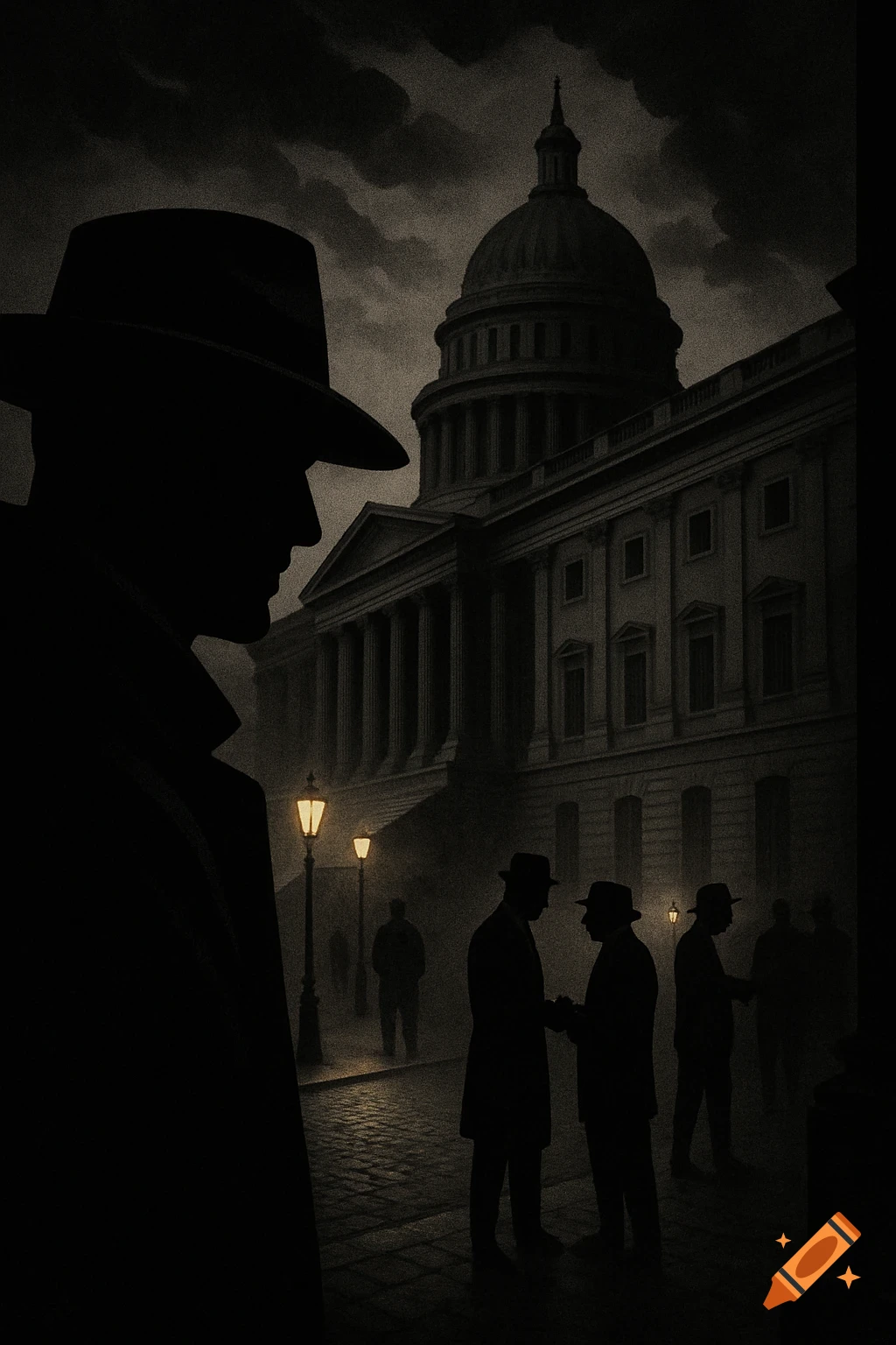 Noir-style image of a man in a fedora observing shadowy figures near a domed capitol building at night.
